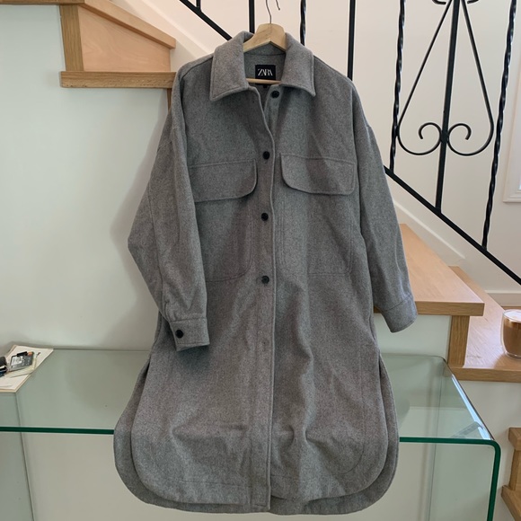 Zara long gray wool shacket shirt jacket - Picture 4 of 5